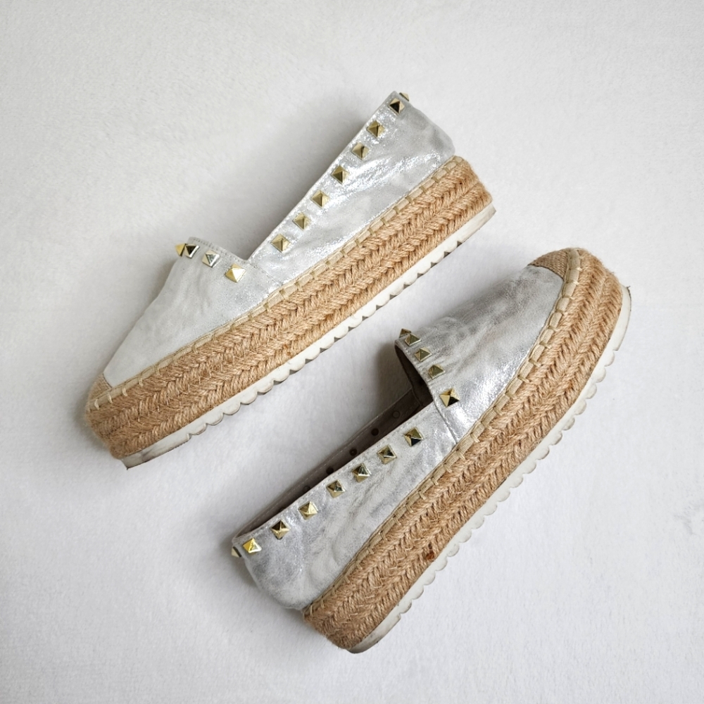 Lunnah Bella Silver Studded Espadrille Platform Shoes Size 9 Euro Summer Casual